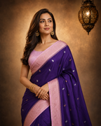 Purple Contrast with baby pink border - Pure Raw Mango Banarasi Saree