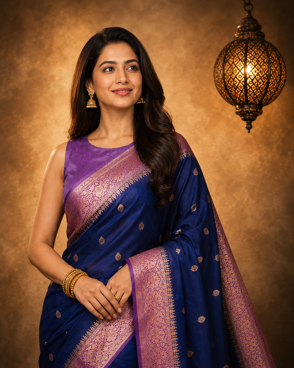 Navy Blue Contrast with Lavender Border - Pure Banarasi Raw Mango silk Saree