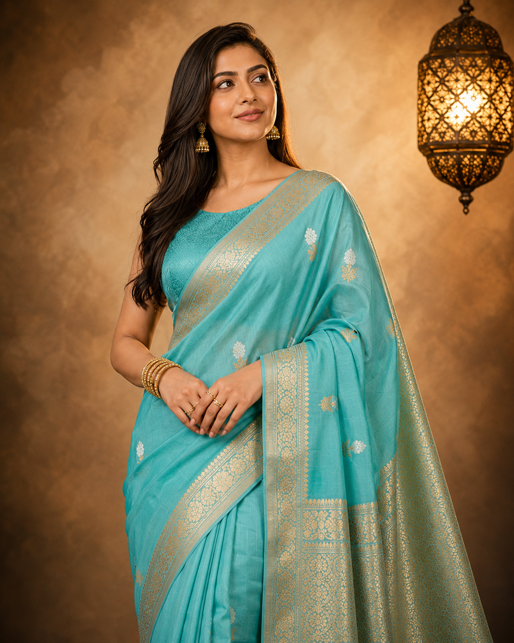 Aqua Teal Blue - Pure Organza Silk Banarasi Saree