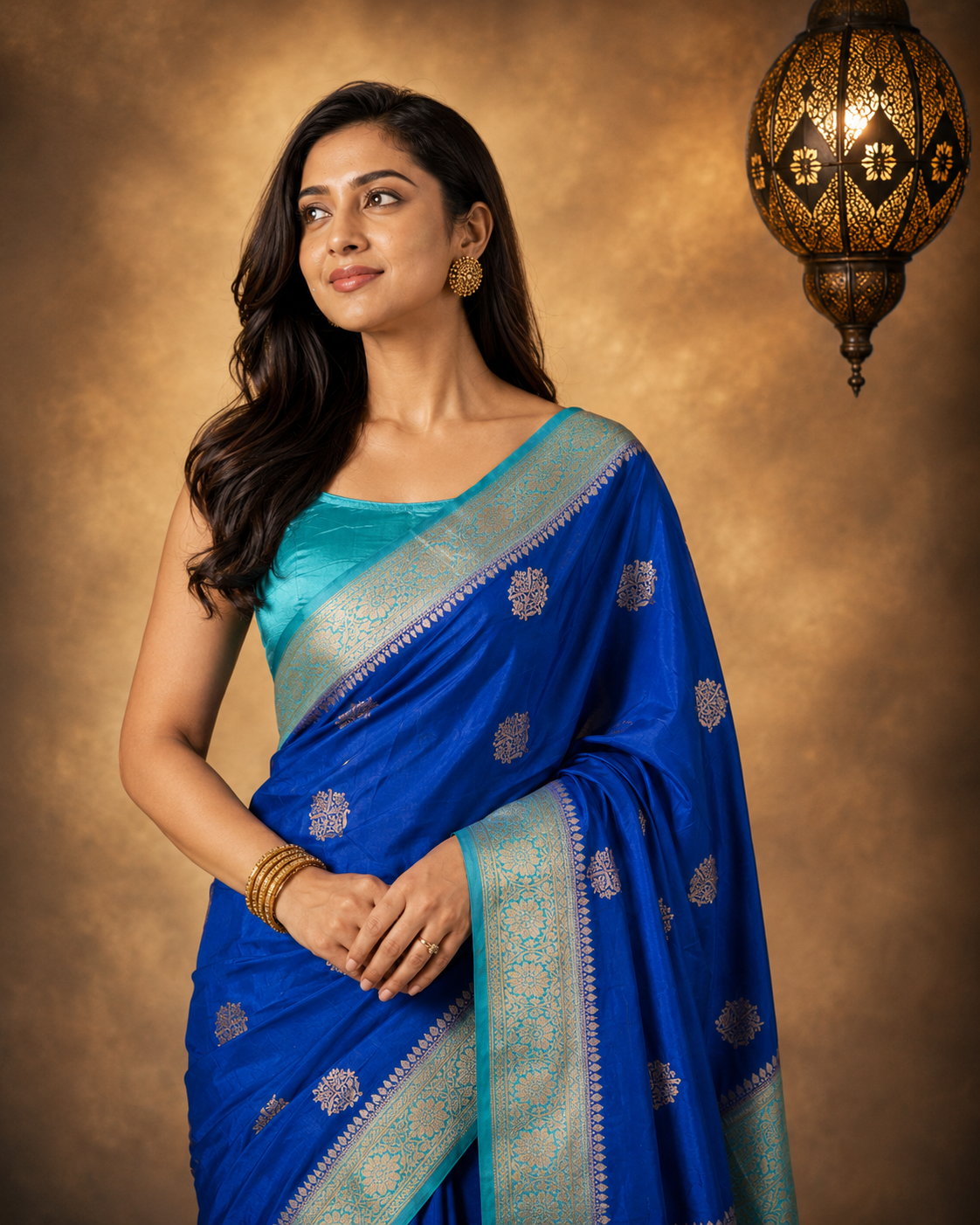 Navy Blue Contrast with lavender border - Pure Raw Mango Banarasi Saree