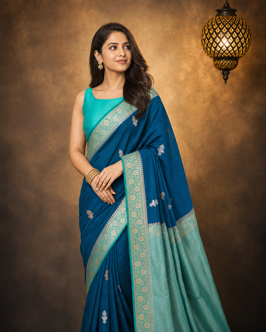 Dark Rama Contrast with Sea Green - Pure Raw Mango Banarasi Saree