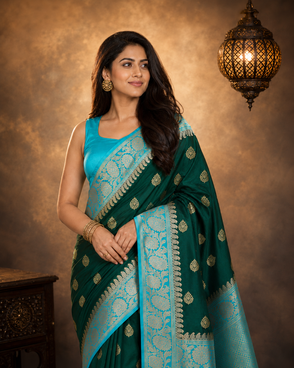 Bottle Green Contrast with Sky blue border - Pure Raw Mango Banarasi Saree