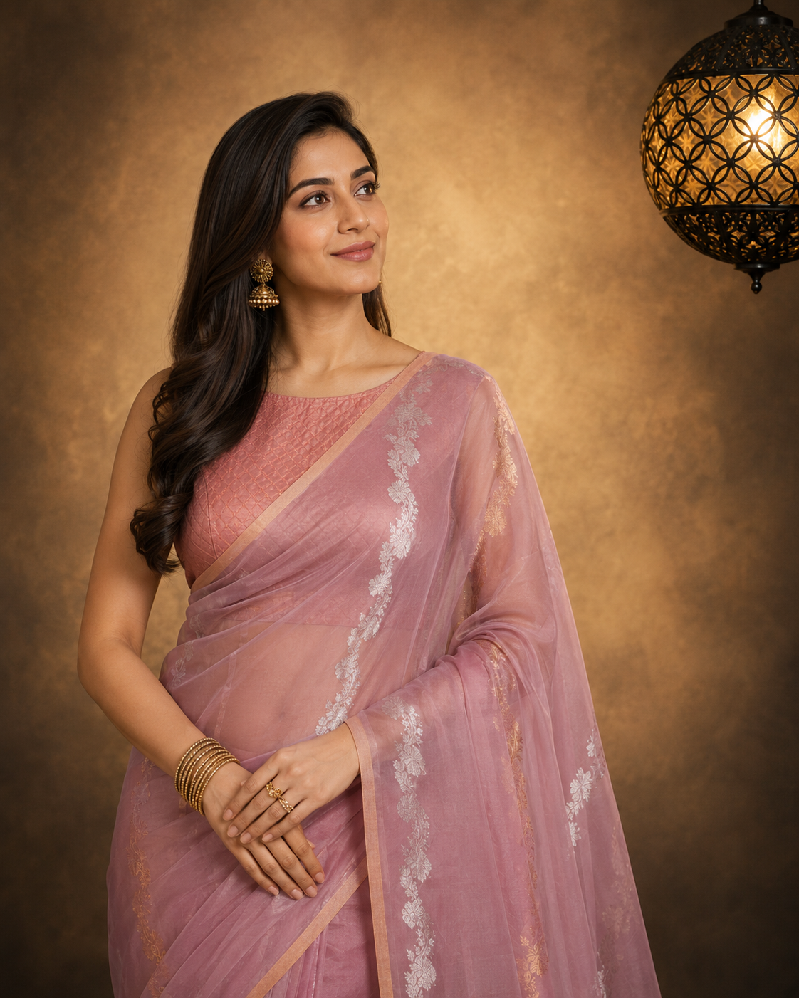 Pinkish Mauve Taupe - Pure Organza Banarasi Saree