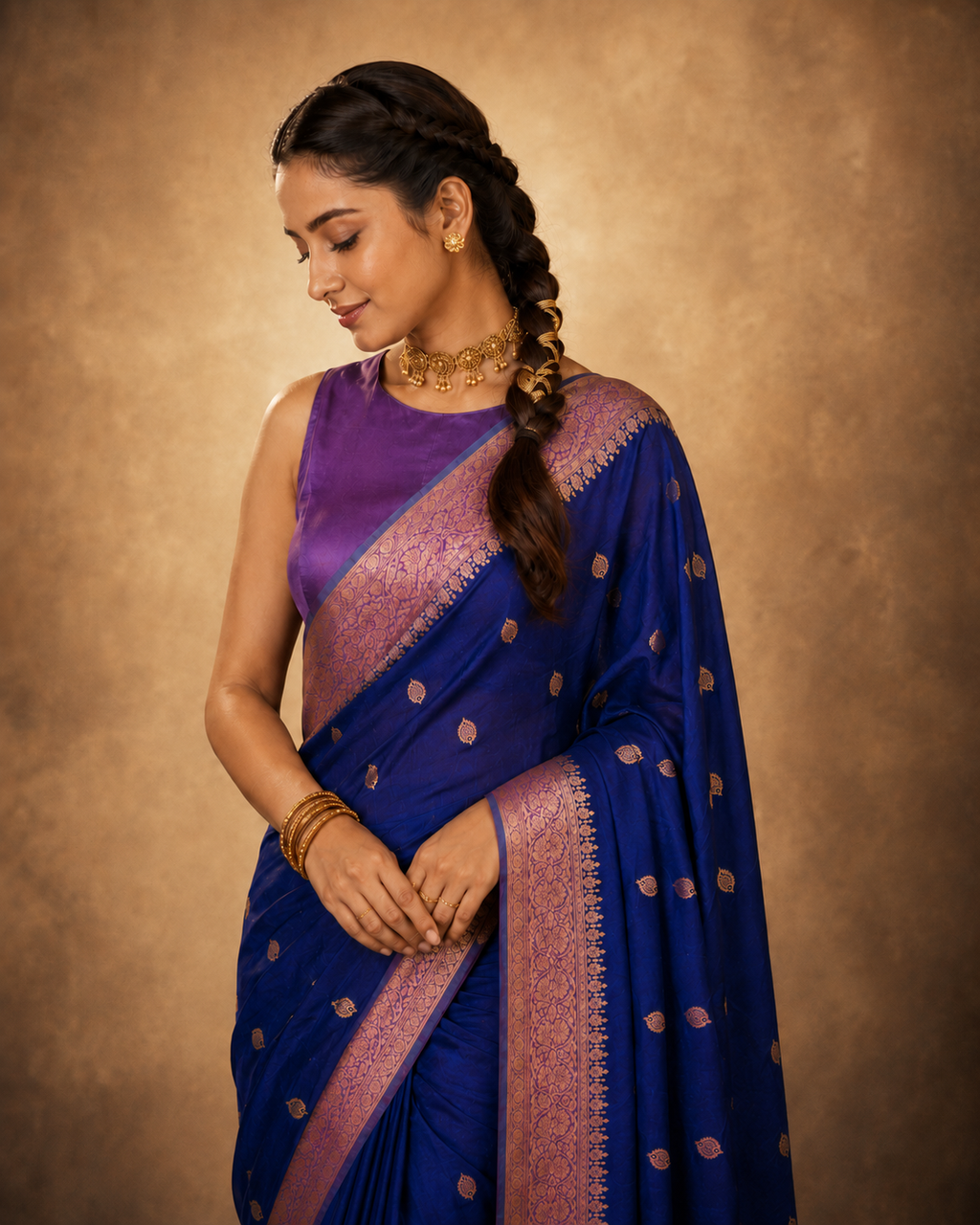 Navy Blue Contrast with Lavender Border - Pure Banarasi Raw Mango silk Saree