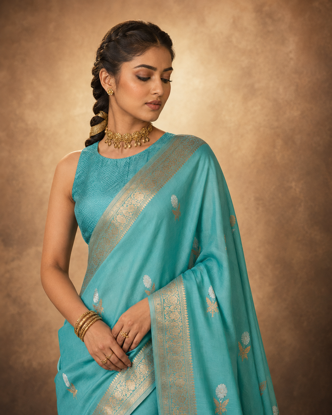 Aqua Teal Blue - Pure Organza Silk Banarasi Saree