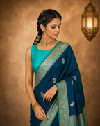 Navy Blue Contrast with lavender border - Pure Raw Mango Banarasi Saree
