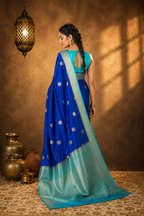 Navy Blue Contrast with lavender border - Pure Raw Mango Banarasi Saree