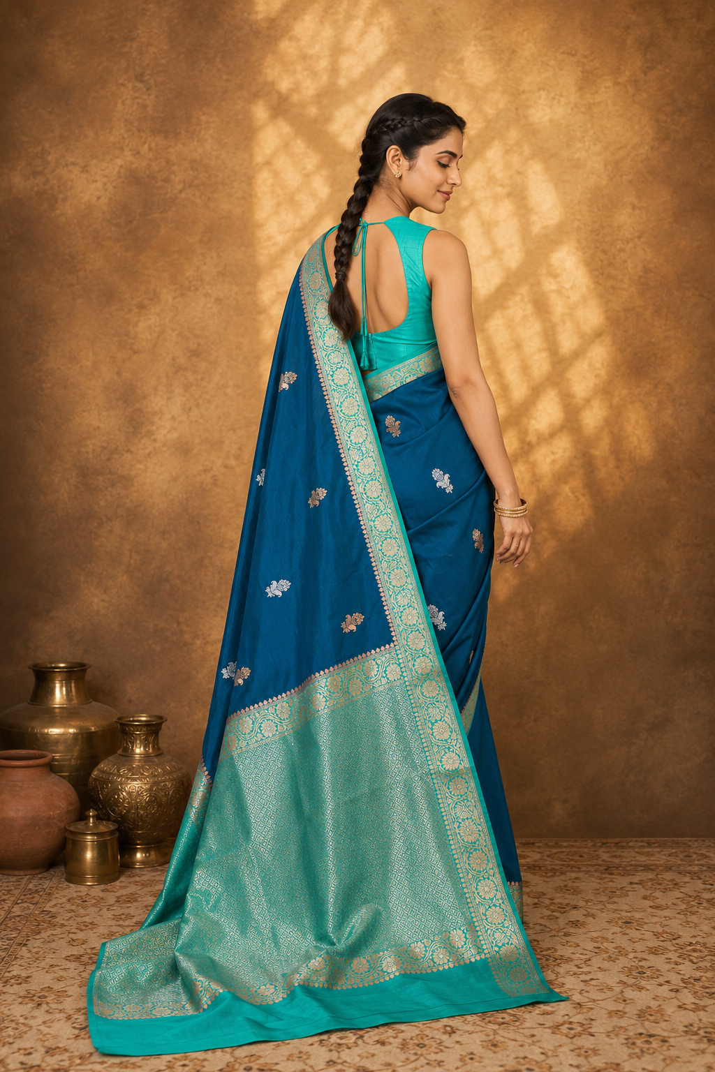 Dark Rama Contrast with Sea Green - Pure Raw Mango Banarasi Saree