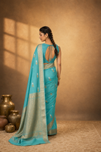 Aqua Teal Blue - Pure Organza Silk Banarasi Saree