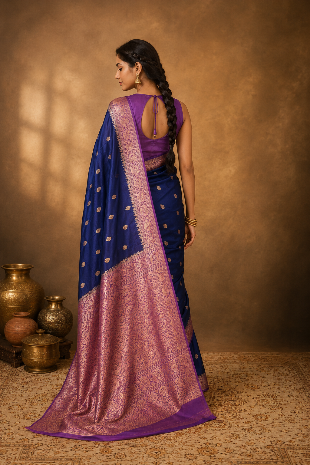 Navy Blue Contrast with Lavender Border - Pure Banarasi Raw Mango silk Saree