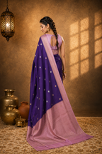Purple Contrast with baby pink border - Pure Raw Mango Banarasi Saree