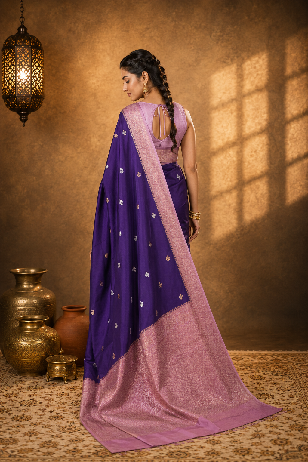 Purple Contrast with baby pink border - Pure Raw Mango Banarasi Saree