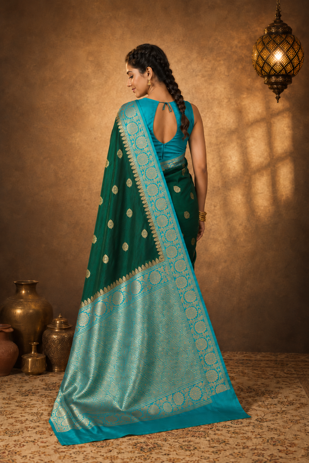 Bottle Green Contrast with Sky blue border - Pure Raw Mango Banarasi Saree