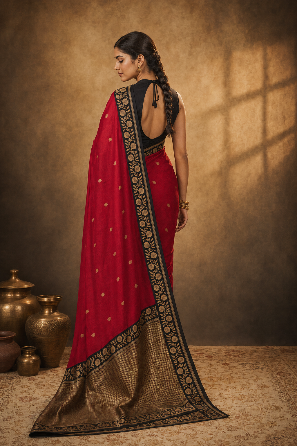 Black Contrast with maroon border - Pure Katan Georgette Banarasi Saree