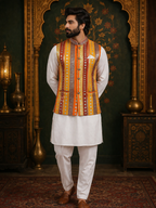 Multicolor Striped - Men's Silk Blend Sleeveless Striped Design Nehru Jacket