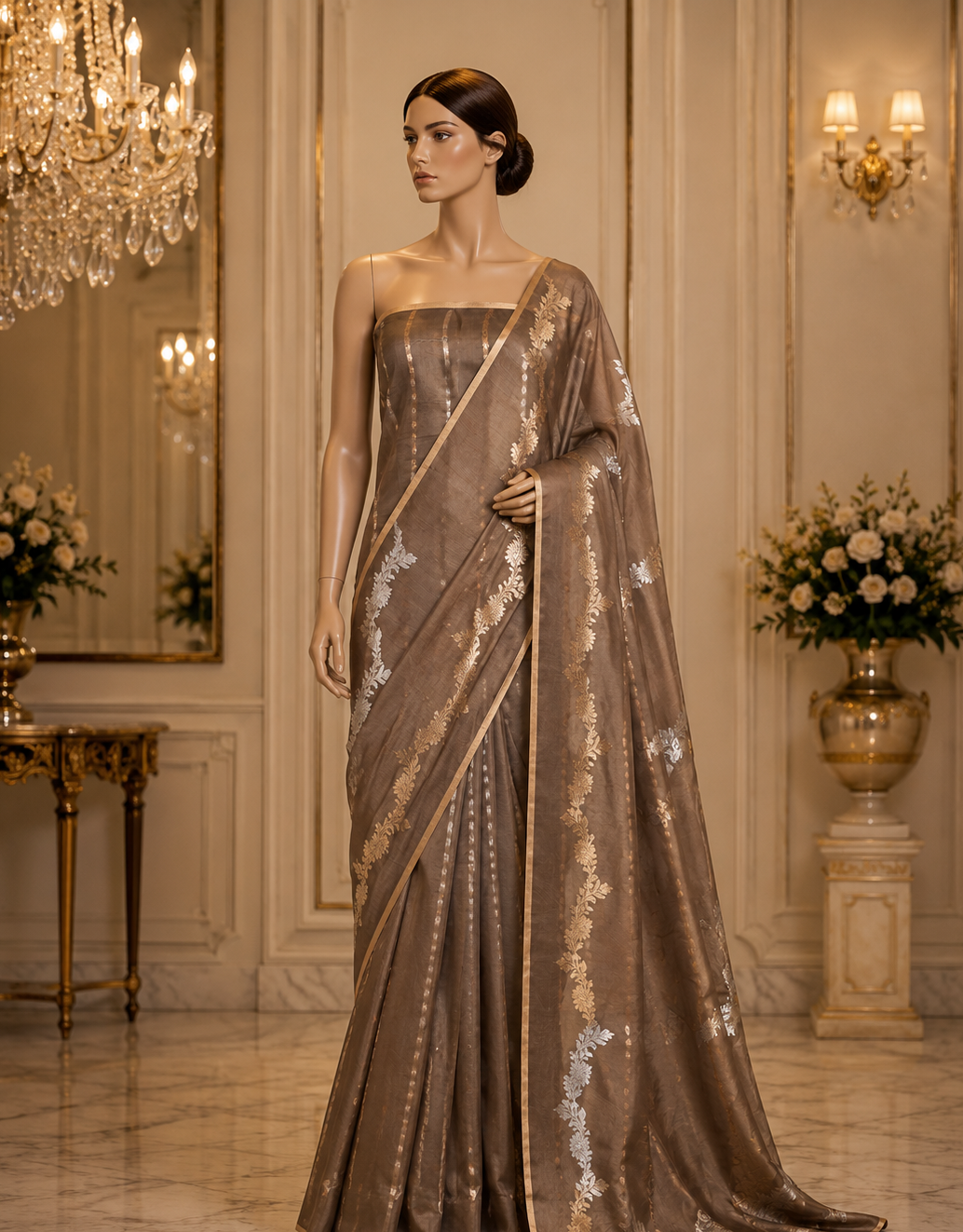 Dark Taupe - Pure Organza Banarasi Saree with Banarasi Half Laheria in gold and silver