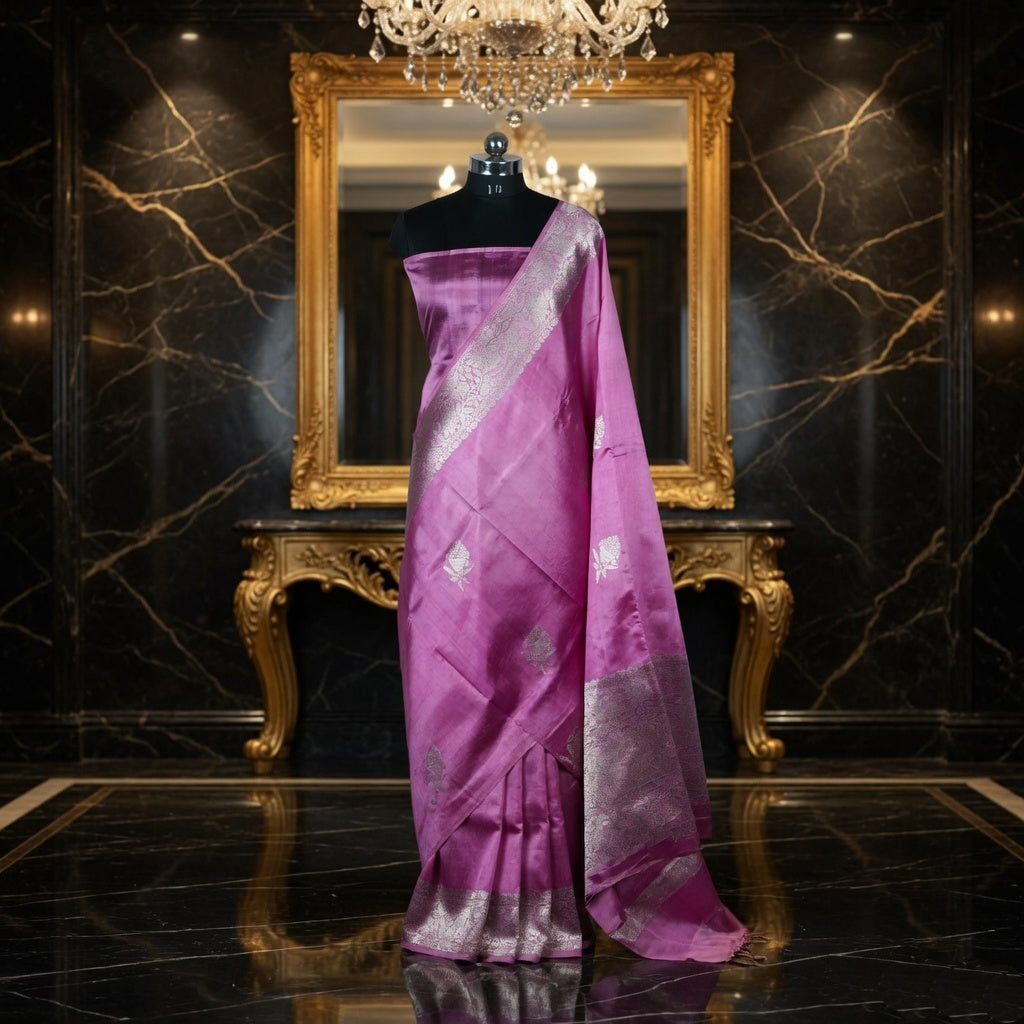 Pink - Pure Raw Mango Banarasi Saree with Silver Zari and Skirt Border Design