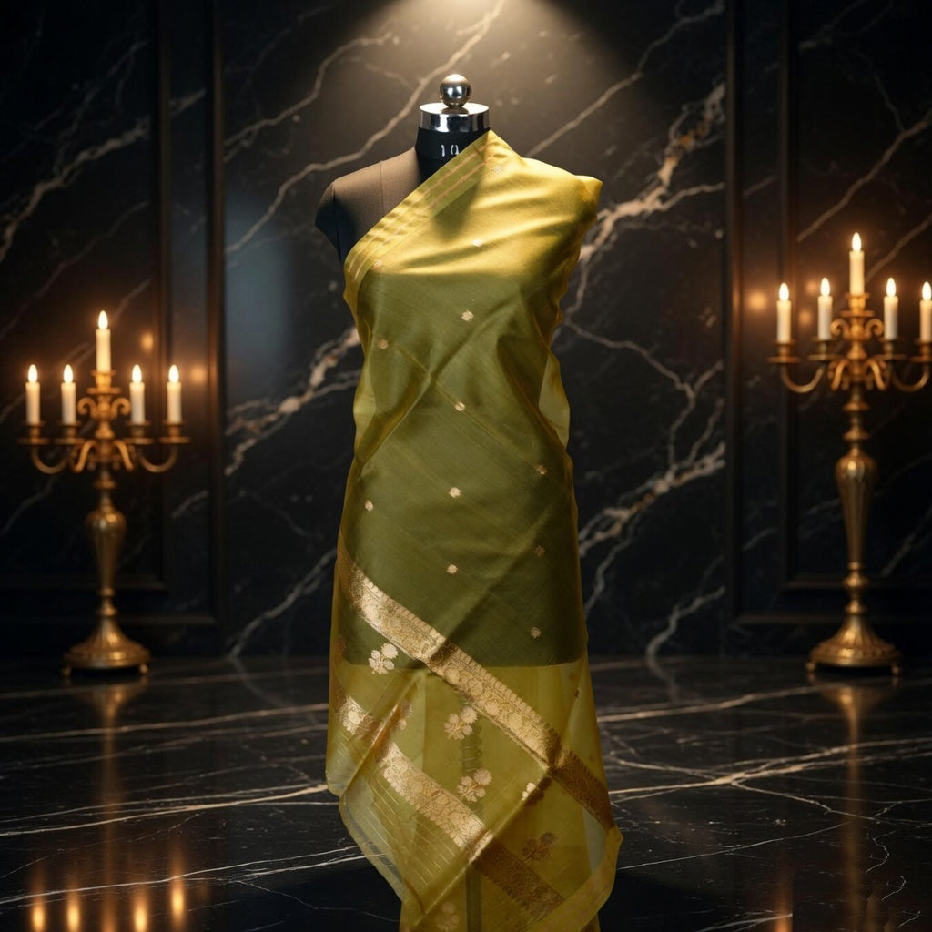 Lemon Yellow - Pure Organza Banarasi Dupatta with small Booti design
