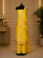 Yellow Banarasi Handloom Luxury Suit set contrast with light lemon yellow color.