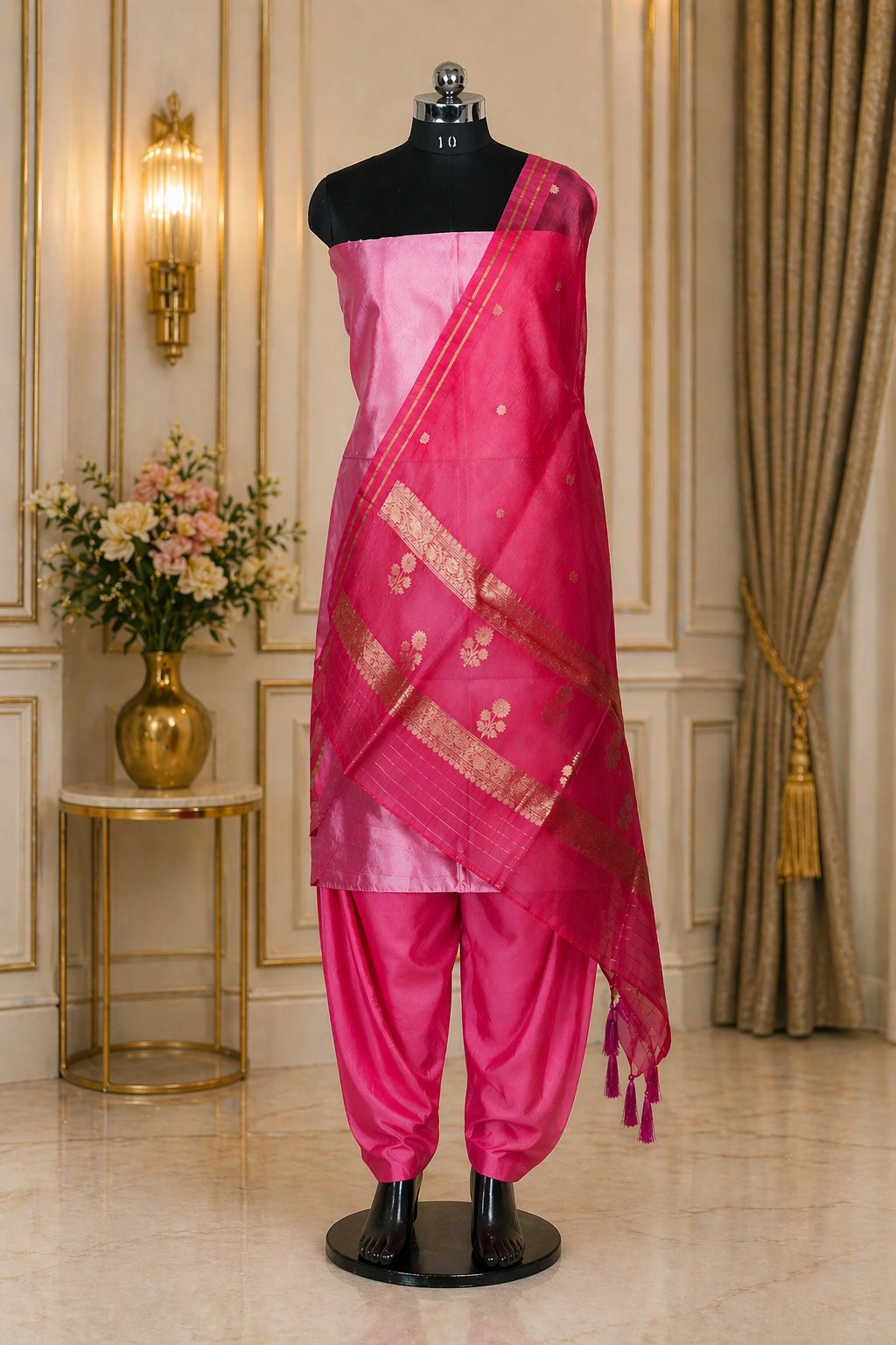 Pink Banarasi Handloom Luxury Suit set contrast with cherry pink color.