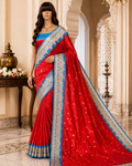 Red contrast with Blue - Pure Soft premium Katan Silk Banarasi Saree with Alfi small Booti and contrast Satin Border