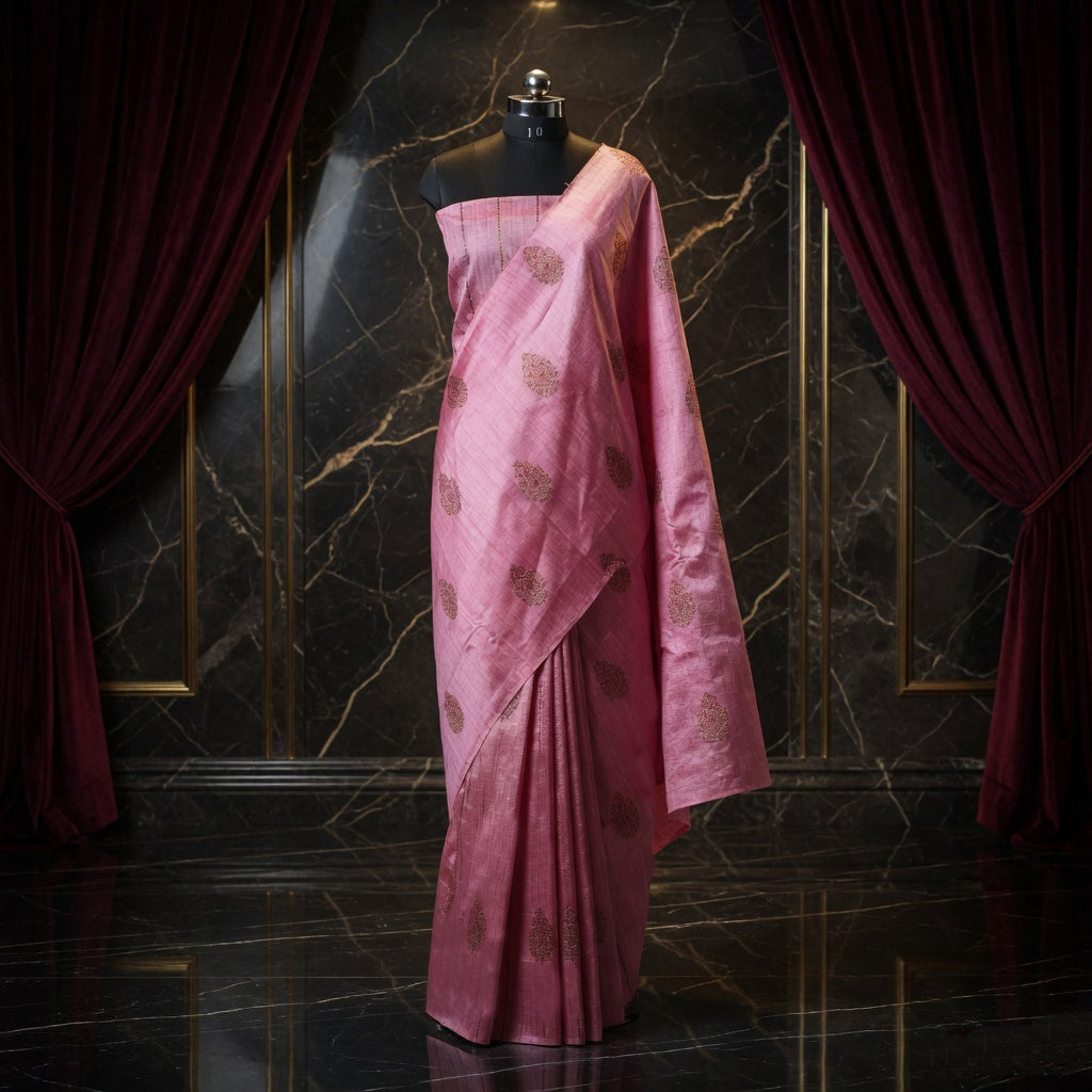 Baby Pink - Pure Matka Silk Banarasi Saree with neem zari Boota intricated with red and pink meena