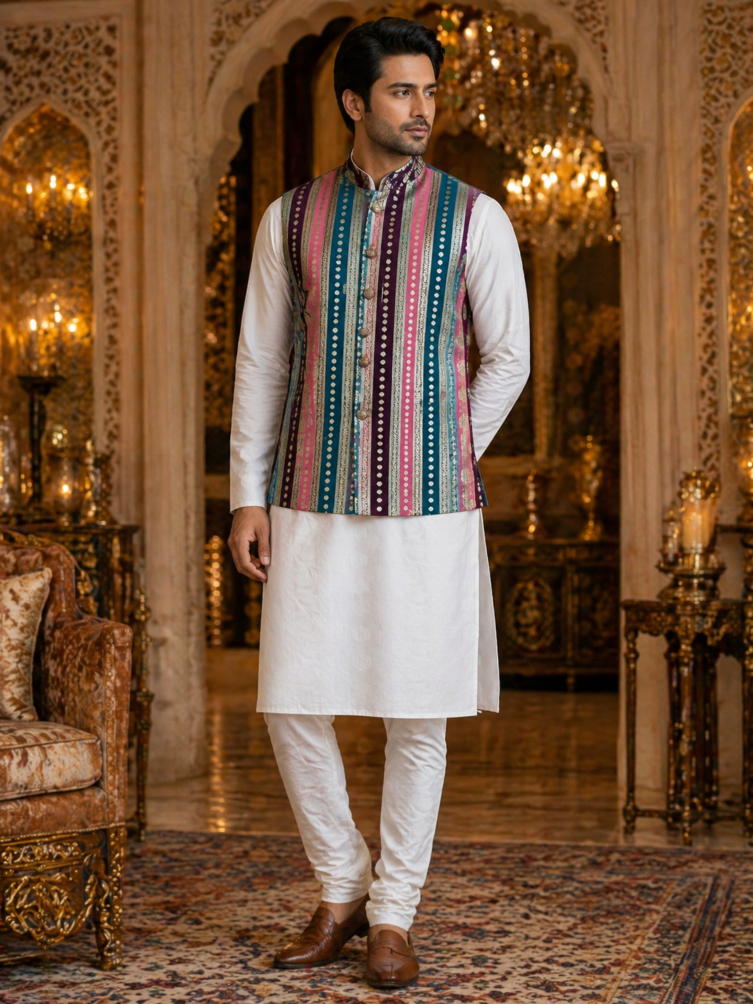 Multicolor Striped - Men's Silk Blend Sleeveless Striped Design Nehru Jacket