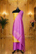 Yellow Banarasi Handloom Luxury Suit set contrast with pink color.