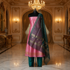 Pink Banarasi Handloom Luxury Suit set contrast with Emerald Deep Green color.
