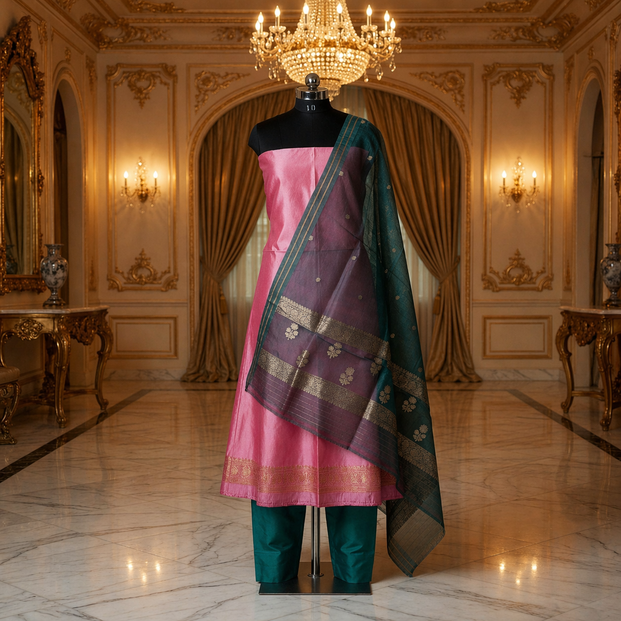 Pink Banarasi Handloom Luxury Suit set contrast with Emerald Deep Green color.