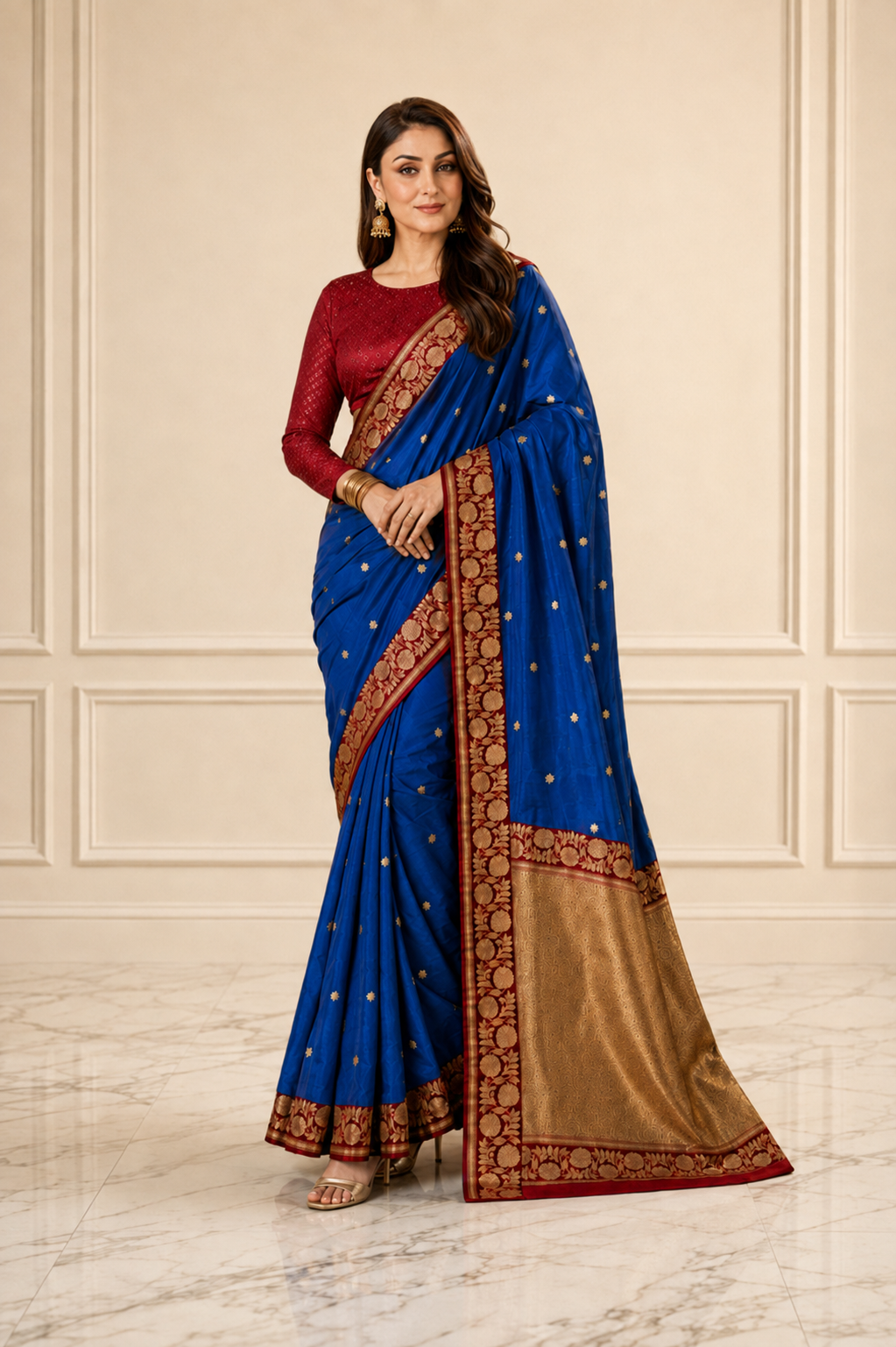 Magnetic Blue contrast with Red  - Pure Raw Mango Banarasi Saree