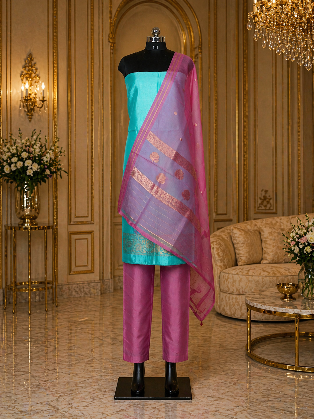 Teal Green Banarasi Handloom Luxury Suit set contrast with Pink color.