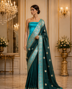 Bottle Green Contrast with Sky blue border - Pure Raw Mango Banarasi Saree with Golden Boota Motifs