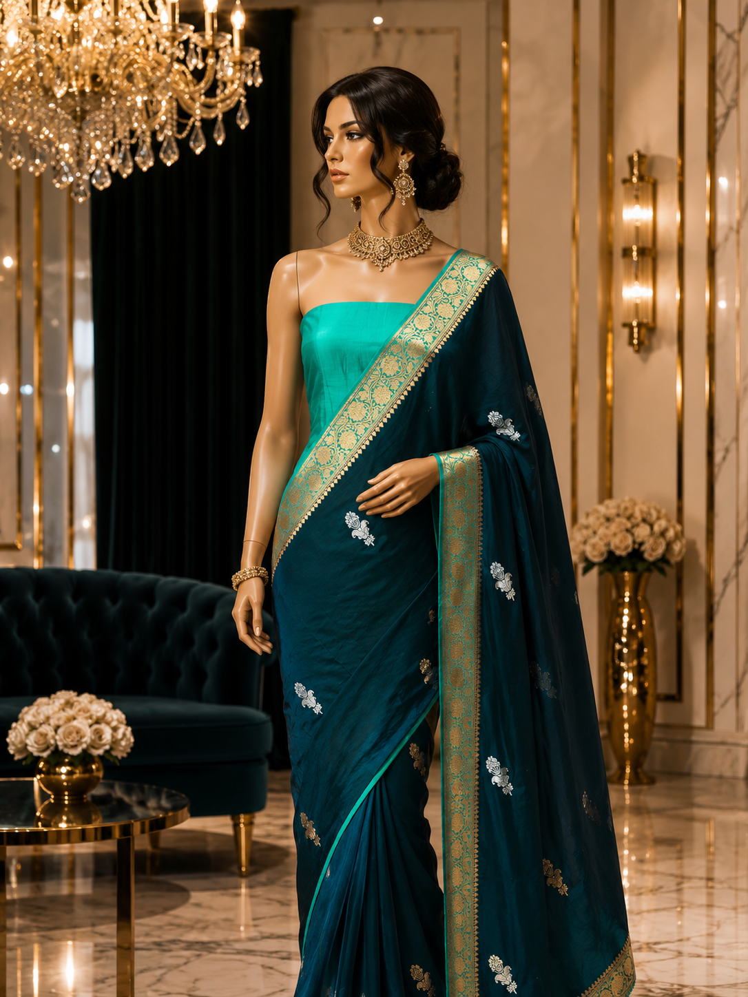 Dark Rama Contrast with Sea Green - Pure Raw Mango Banarasi Saree with Golden and silver Boota Motifs