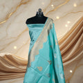 Light Sky Blue Pure Silk Banarasi Saree with attractive Golden and silver boota design