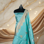 Light Sky Blue Pure Silk Banarasi Saree with attractive Golden and silver boota design