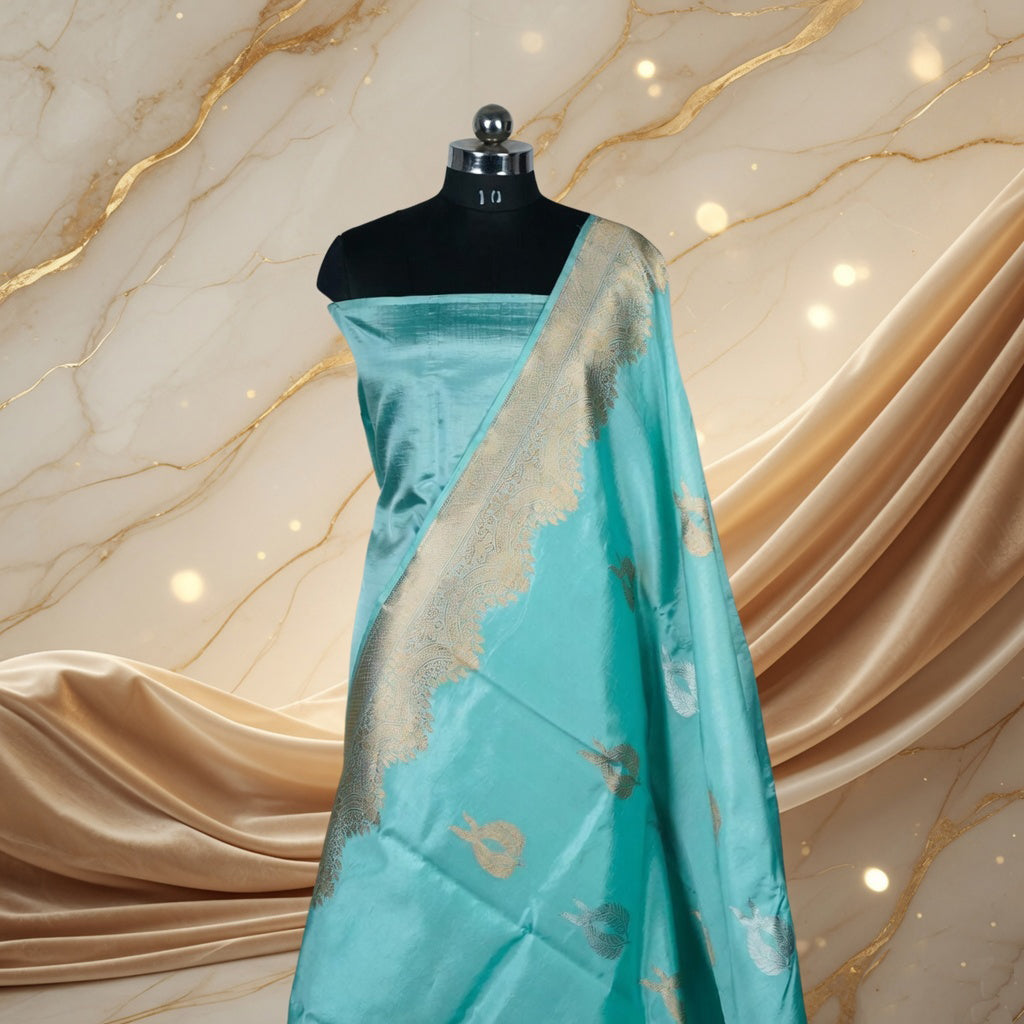 Light Sky Blue Pure Silk Banarasi Saree with attractive Golden and silver boota design
