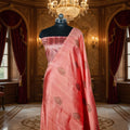 Peach  - Pure Matka Silk Banarasi Saree with neem zari Boota intricated with red and pink meena