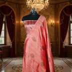 Peach  - Pure Matka Silk Banarasi Saree with neem zari Boota intricated with red and pink meena