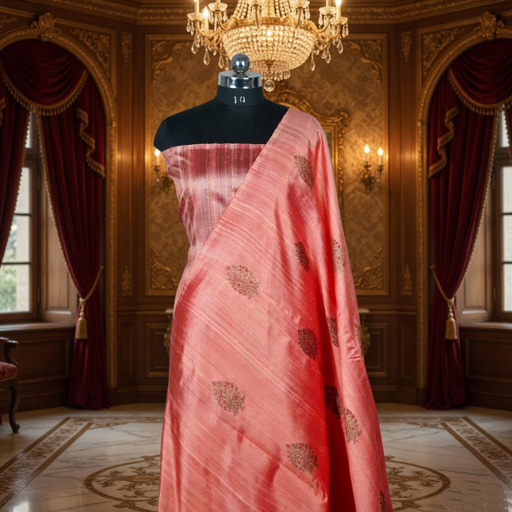 Peach  - Pure Matka Silk Banarasi Saree with neem zari Boota intricated with red and pink meena
