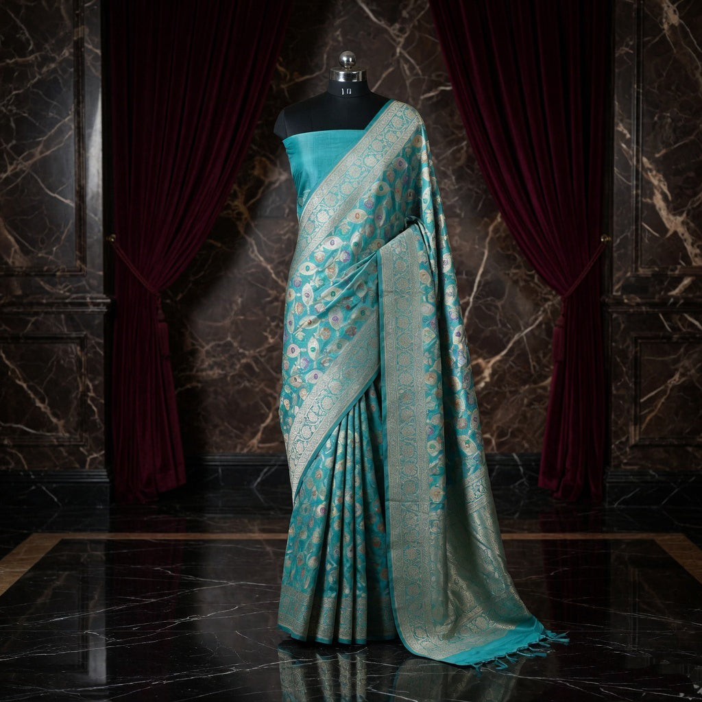 Aqua Green - Pure Katan Silk Banarasi Saree with water zari and multi color Jaal