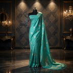 Sea Green - Pure Raw Mango Banarasi Saree with Silver Zari and Skirt Border Design