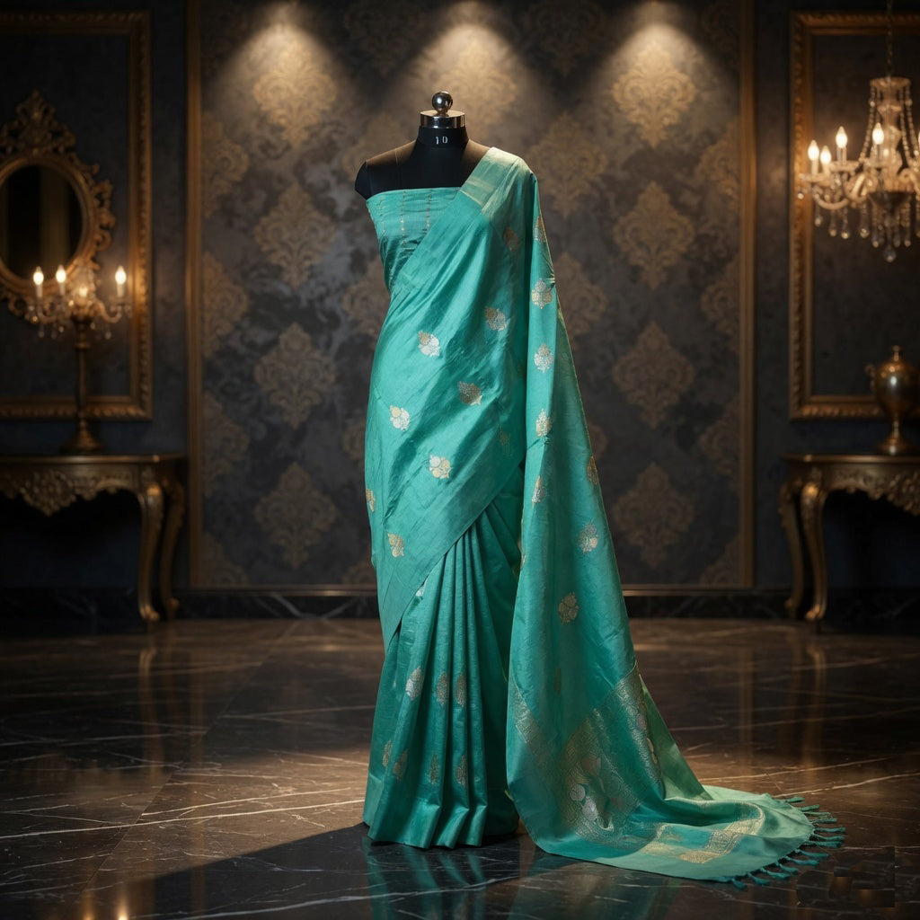 Sea Green - Pure Raw Mango Banarasi Saree with Silver Zari and Skirt Border Design