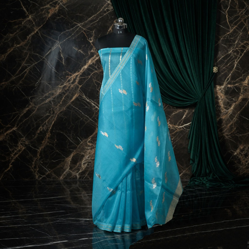 Sky Blue - Pure Organza Banarasi Saree with light Golden silver Zari Booti