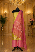 Yellow Banarasi Handloom Luxury Suit set contrast with Cherry pink color.