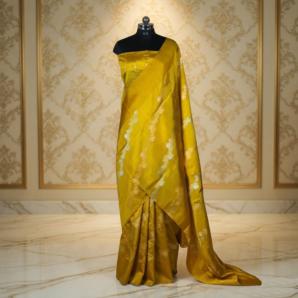 Mustard Yellow - Pure Raw Mango Banarasi Saree with Parallel Ara Jaal in Golden and Silver Zari