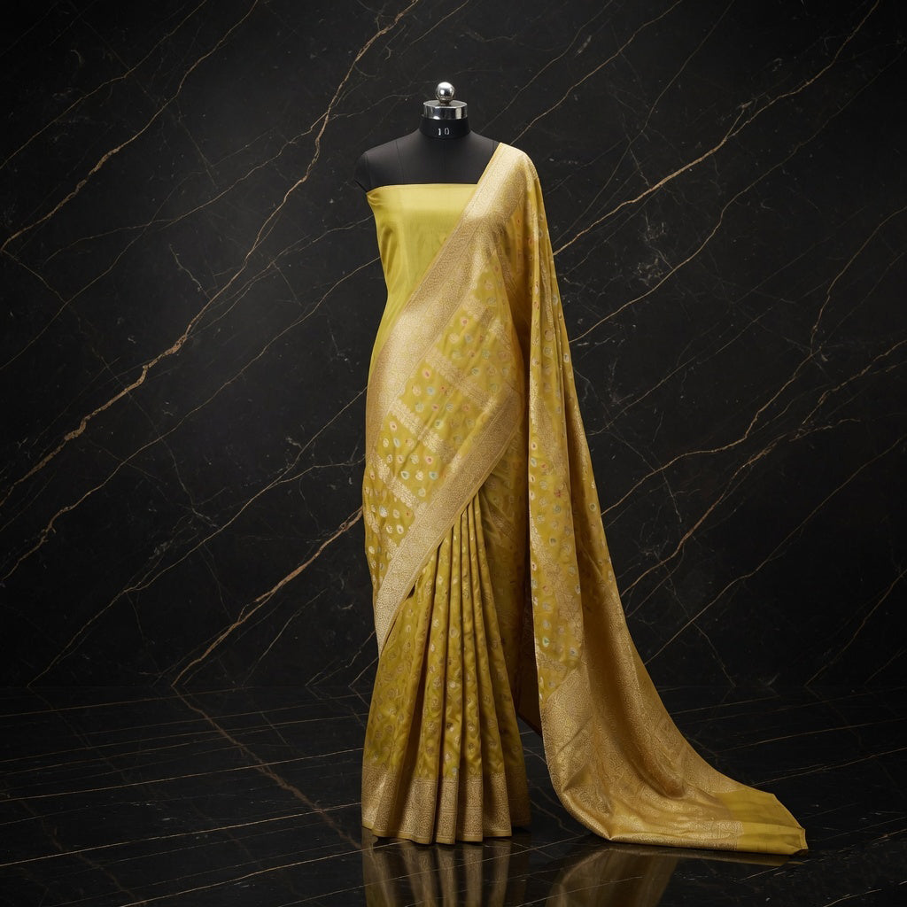 Lemon Yellow - Pure Katan Silk Banarasi Saree with water zari and multi color Booti
