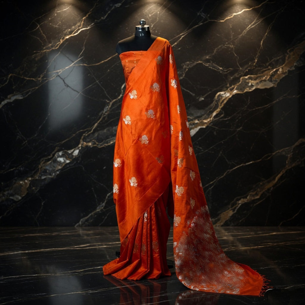Reddish Orange - Pure Raw Mango Banarasi Saree with Silver Zari and Skirt Border Design