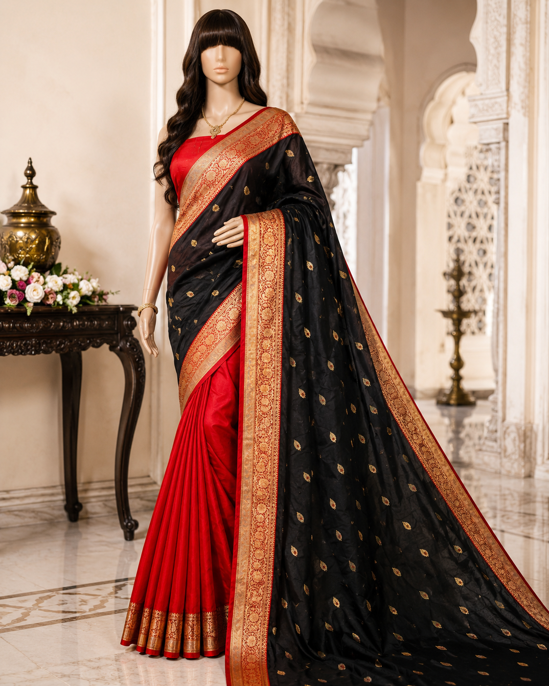 Black contrast with Red - Pure Soft premium Katan Silk Banarasi Saree with Alfi small Booti and contrast Satin Border