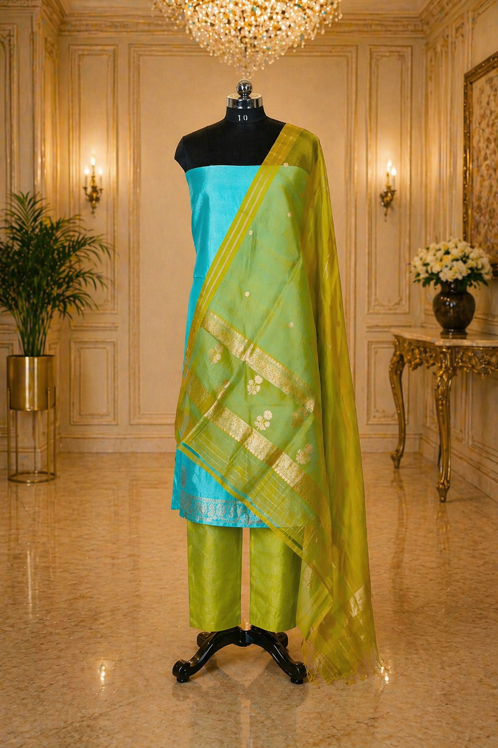 Teal Green Handloom Luxury Suit set contrast with light Yellow color.